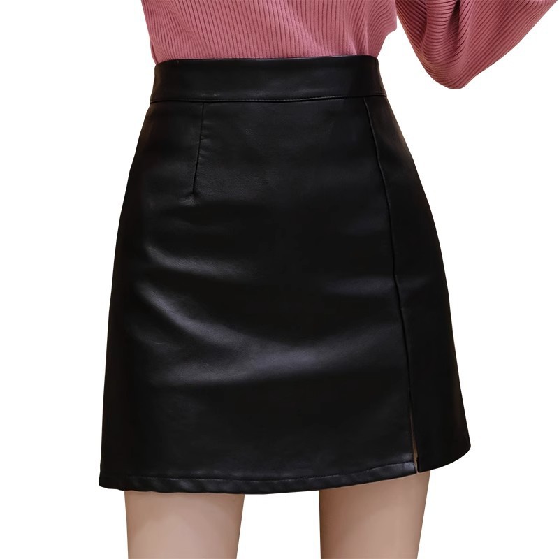 Leather skirt Women's Spring and Autumn 2023 new apricot small high waist PU leather A- line hip split skirt