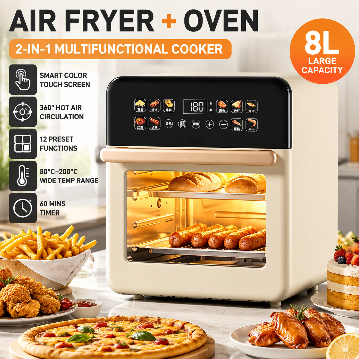 2026 New Model Household Smart Air Fryer Multifunctional High-Power Frying Oven Large Capacity Visual Electric Fryer