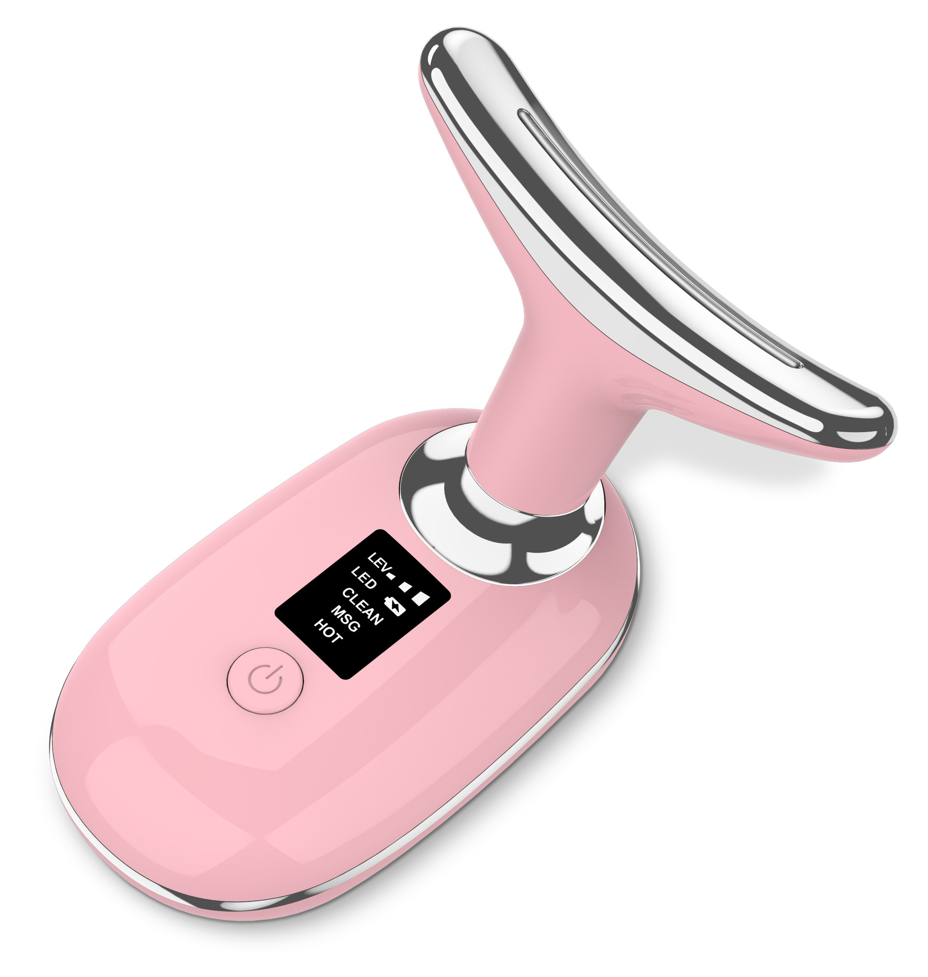 Dispositivo de belleza facial y para el cuello para eliminar las pliegues nasolabiales y las líneas del cuello, dispositivo de masaje con control de temperatura e introducción de productos, dispositivo de belleza reafirmante y tensor.