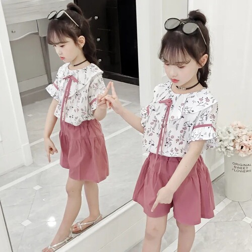 Girls' Summer Set  New Children's Short Sleeve Summer Clothes for Older Children Two-Piece Set for Little Girls Fashionable and Trendy