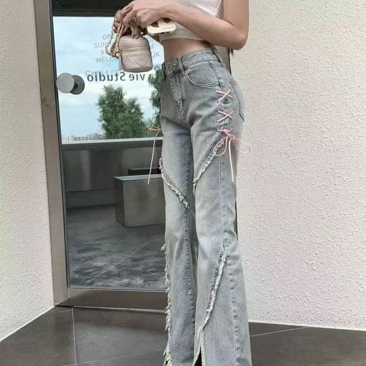 American-style split micro flared jeans women's autumn and winter New Fashion lace-up high waist hot girl slimming straight pants