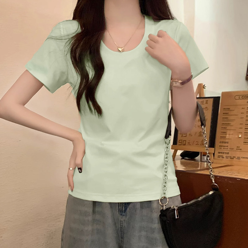 Mint Green U-Neck Regular Shoulder T-Shirt for Women, Slim Fit Short Sleeve 2026 New Style, Large Neckline Short Top, Slimming and Waist-Cinching for Summer Mint Green U-Neck Regular Shoulder T-Shirt for Women, Slim Fit Short Sleeve 2026 New Style, Large Neckline Short Top, Slimming and Waist-Cinching for Summer