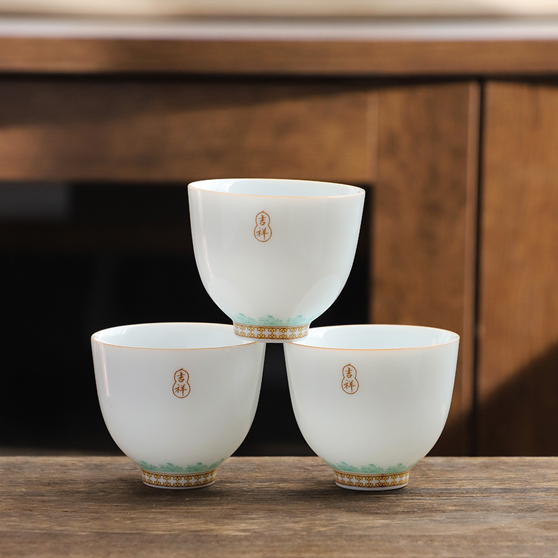 陶瓷茶杯 德化白瓷小茶盏 甜白釉汉白瓷描边烤花功夫泡茶杯子批发