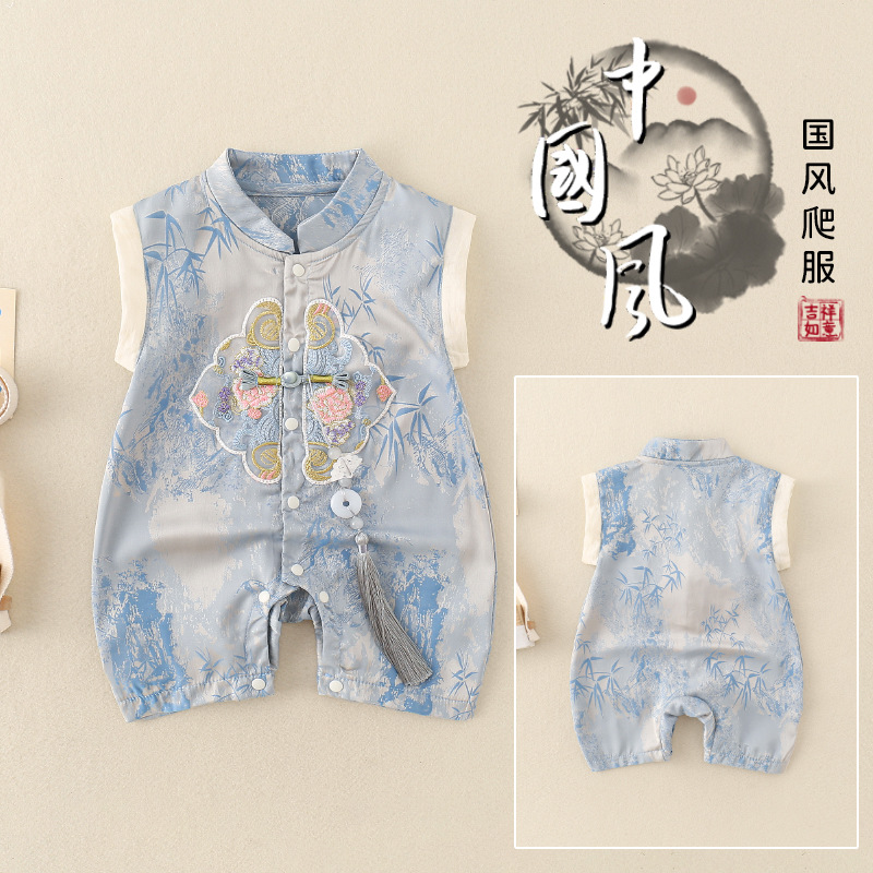 嬰兒國風衣服夏季薄款新生兒刺繡碎花爬服滿月周歲寶寶連體衣禮服