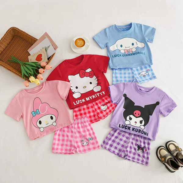 Southeast Asia Summer Clothing New Style 2026 Girls Casual Cartoon Suit Baby Cute Loose Shirt Plaid Shorts Suit