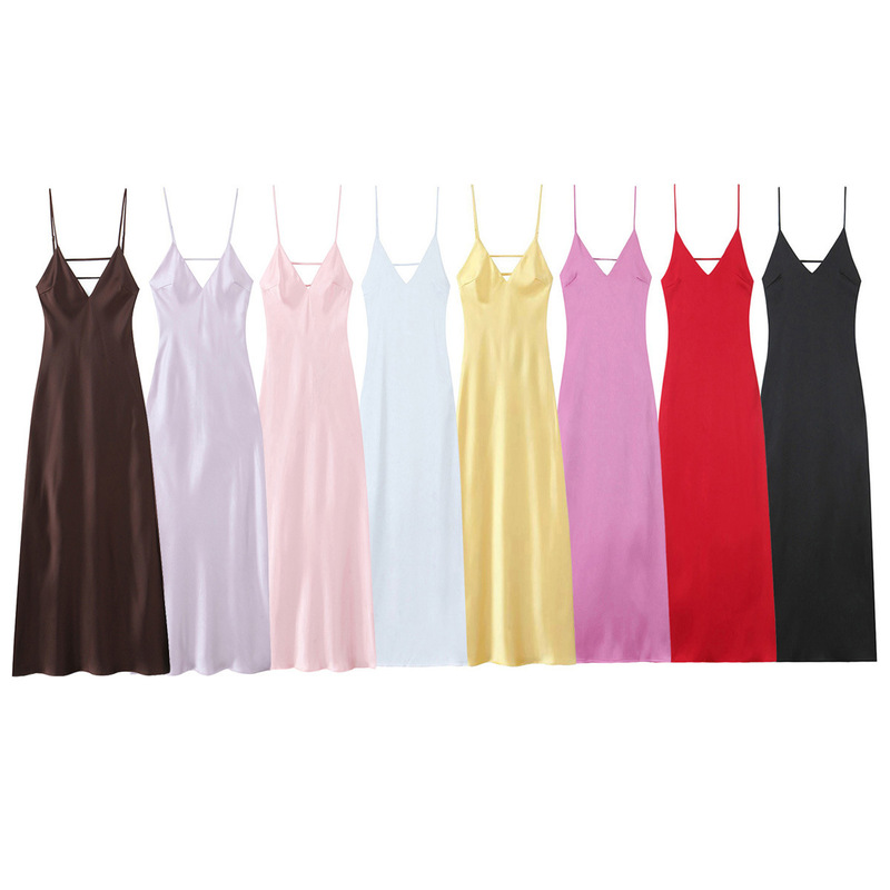 2591-2025 New Women's European and American Style Suspender V Neck Pure Color Backless Silk Satin Midi Dress