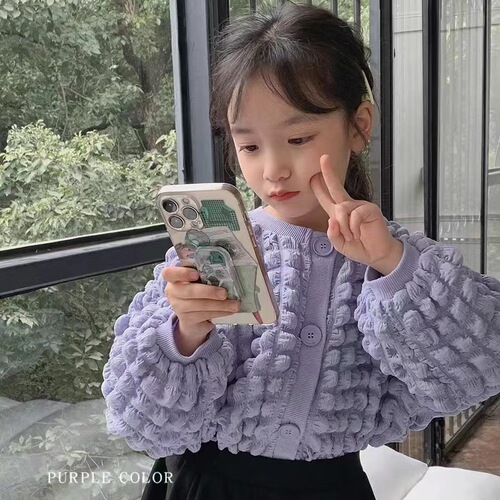 Women's Spring and Autumn  New Bubble Pattern Casual Cardigan for Kids Children Stylish Round Neck Long Sleeve Outerwear