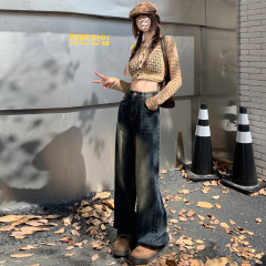 His新品YKKジッパーアメリカンレトロギャルパンツワイドパンツストレートジーンズレディース長ズボン & 延長