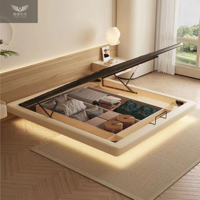 Sin cama, almacenamiento suspendido, cama con lámpara, cama principal de cuero simple moderno, cama grande sin respaldo, cama minimalista italiana