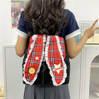 可爱星星格子兔耳朵双肩包女小众学院风背包甜美少女卡通学生书包