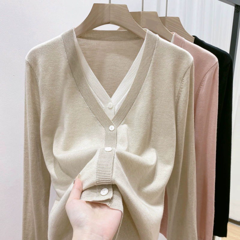 Женский вязаный кардиган с длинными рукавами из искусственных двух частей 2023 весеннее новое пальто в ленивом стиле в западном стиле, универсальный топ с длинными рукавами