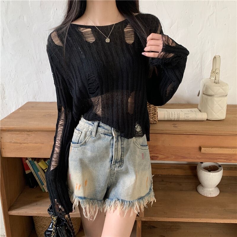 Summer and Autumn New Y2K European and American Style Hot Girl Sexy Short Navel Hollow Hole Long Sleeve Knitted T-shirt Blouse Women Summer and Autumn New Y2K European and American Style Hot Girl Sexy Short Navel Hollow Hole Long Sleeve Knitted T-shirt Blouse Women