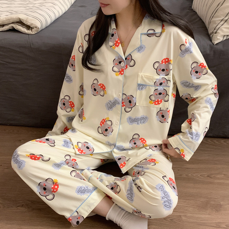 El comercio exterior de primavera y otoño pijamas algodón para las mujeres ins lindo dibujos animados solapa cardigan suelta delgada vestir prendas exteriores homewear