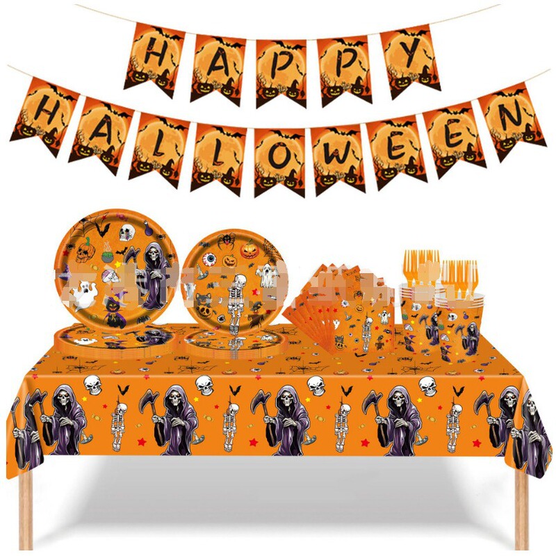 New Halloween Party Tableware Set Grim Reaper Ghost Skull Festival Party Paper Plate Tissue Tablecloth Decoration