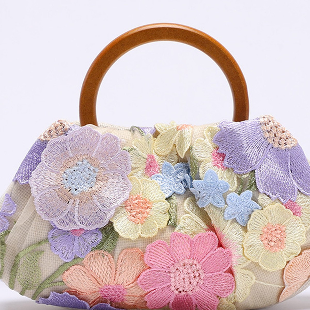 Circular Wooden Handle Bamboo Knot Bag With Floral Embroidery, Vacation Style Women's Handbag, Pearl And Sequin Evening Bag - Thumbnail 4