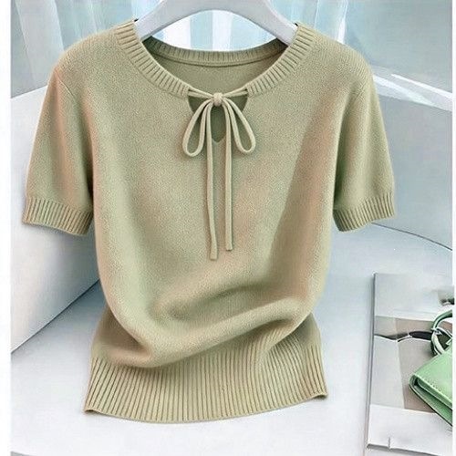 Áo thun nữ tay ngắn cổ tròn dáng rộng chất liệu dệt kim mỏng mùa hè — Xanh lá cây nhạtcolor, Màu tím. chi tiết 11