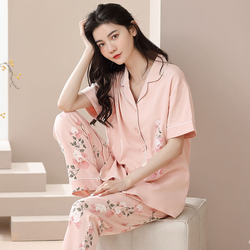 Pijamas de mujer primavera y verano 2023 nuevo 100% algodón cardigan pantalones de manga corta casual traje de desgaste para el hogar