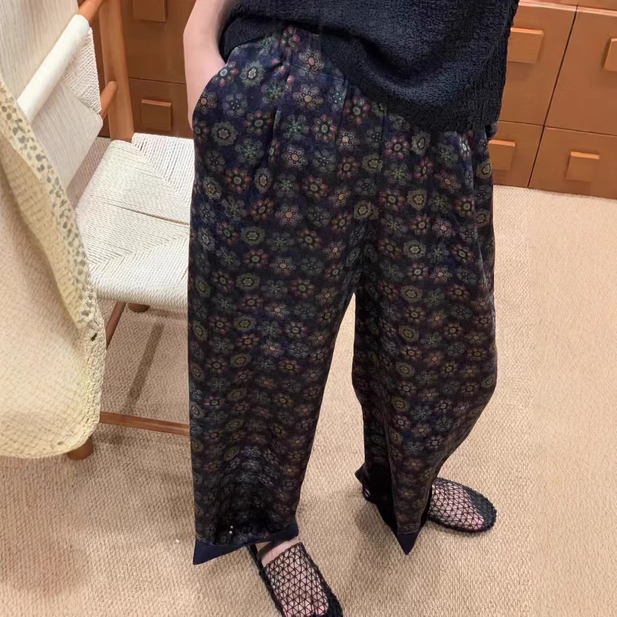 设计师款复古百搭休闲团花香云纱桑蚕丝蓝绿花国风气质休闲裤232