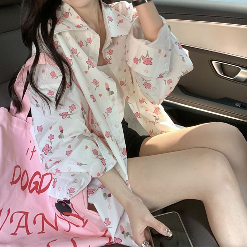 (2개) 신선한 스타일 빈티지 꽃 폴로 칼라 긴팔 셔츠 여름 느슨한 슬리밍 올 매치 얇은 외부 착용 여성을위한 태양 보호 의류