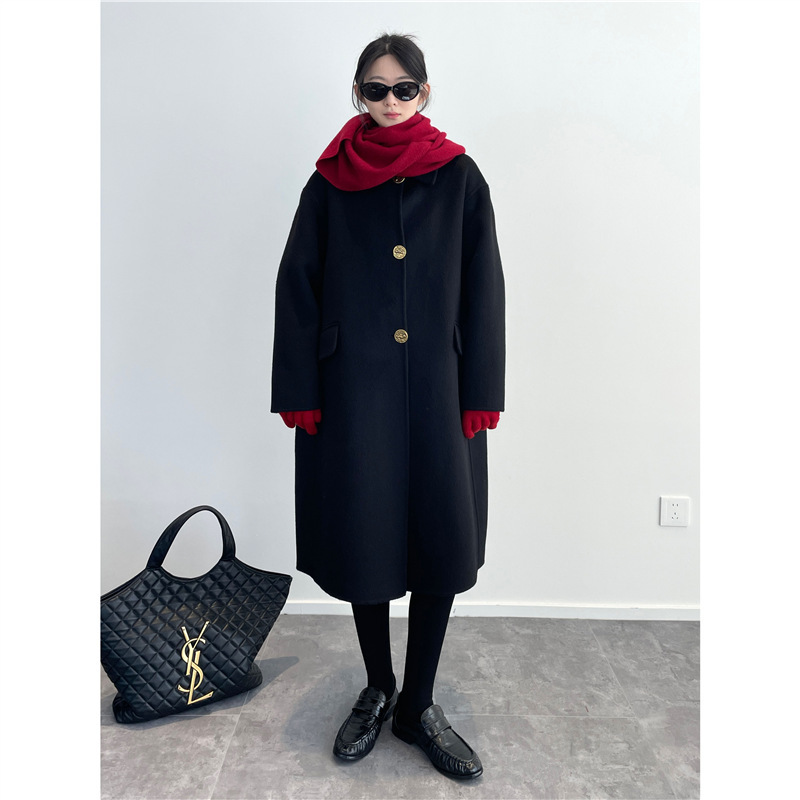Same Style as Big Cousin Liu Wen! 90 Sheep Wool 10 Cashmere Large A-Line Hand-Sewn Double-Sided Cashmere Coat for Women Autumn