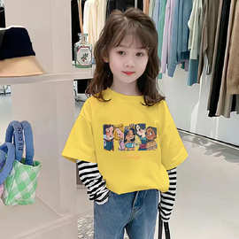 G2263#女童假两件纯棉长袖t恤秋季2025新款女宝宝设计感小众上衣