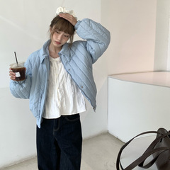 彩色织唛竖条纹理25秋冬翻领小个子轻盈棉服甜美韩版宽松棉衣外套