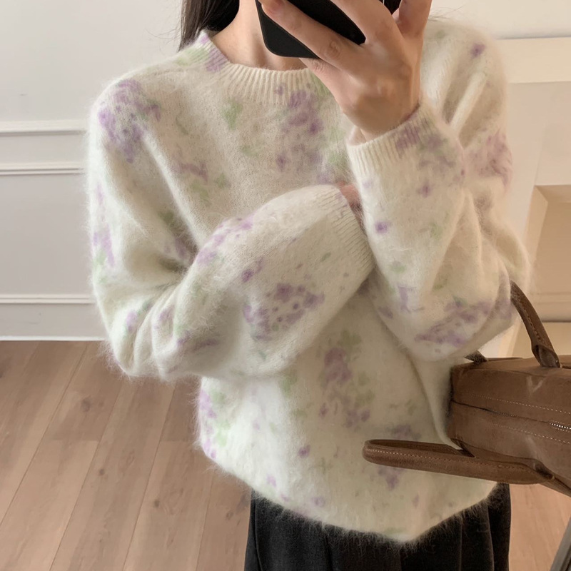 2026 Autumn New Korean Style Floral Gradient Print Silk Cashmere Soft Plush Knit Sweater for Women 2026 Autumn New Korean Style Floral Gradient Print Silk Cashmere Soft Plush Knit Sweater for Women