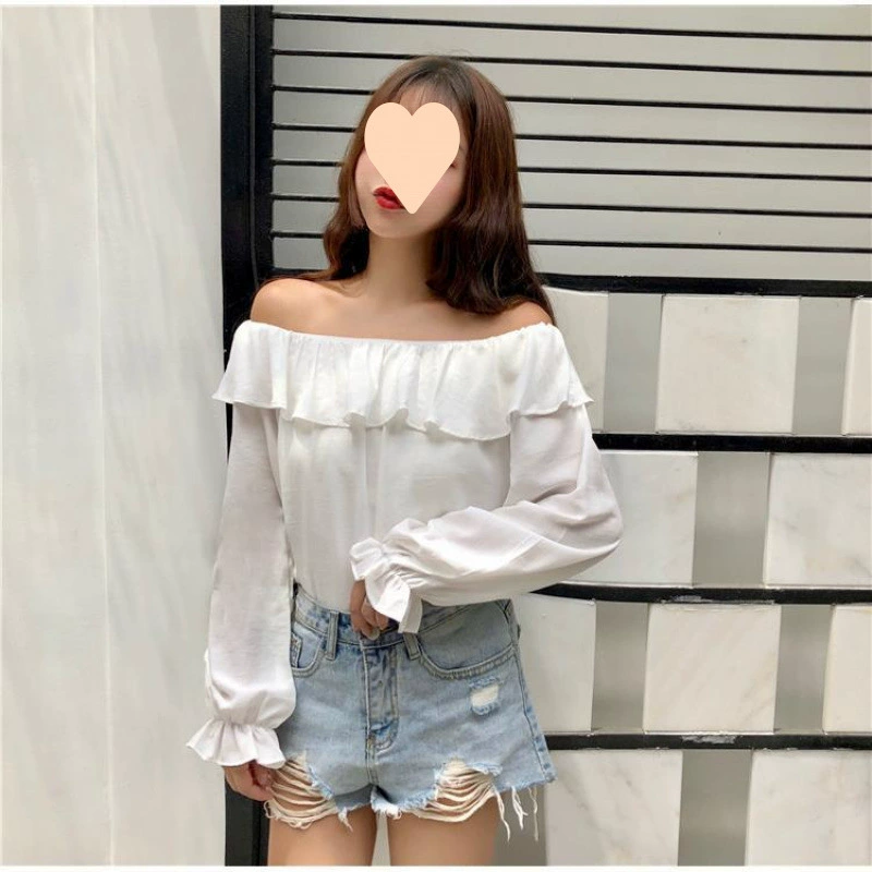 Весенне-осенняя новая женская студенческая универсальная рубашка в корейском стиле с рюшами, легкий топ на одно плечо для девочек с длинными рукавами для взрослых