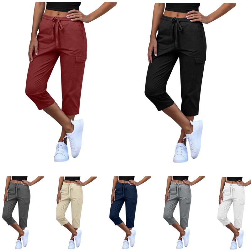 Amazon Cross-Border Women's Elastic Waistband Drawstring Solid Color Casual Outdoor Cropped Cargo Pants for Women