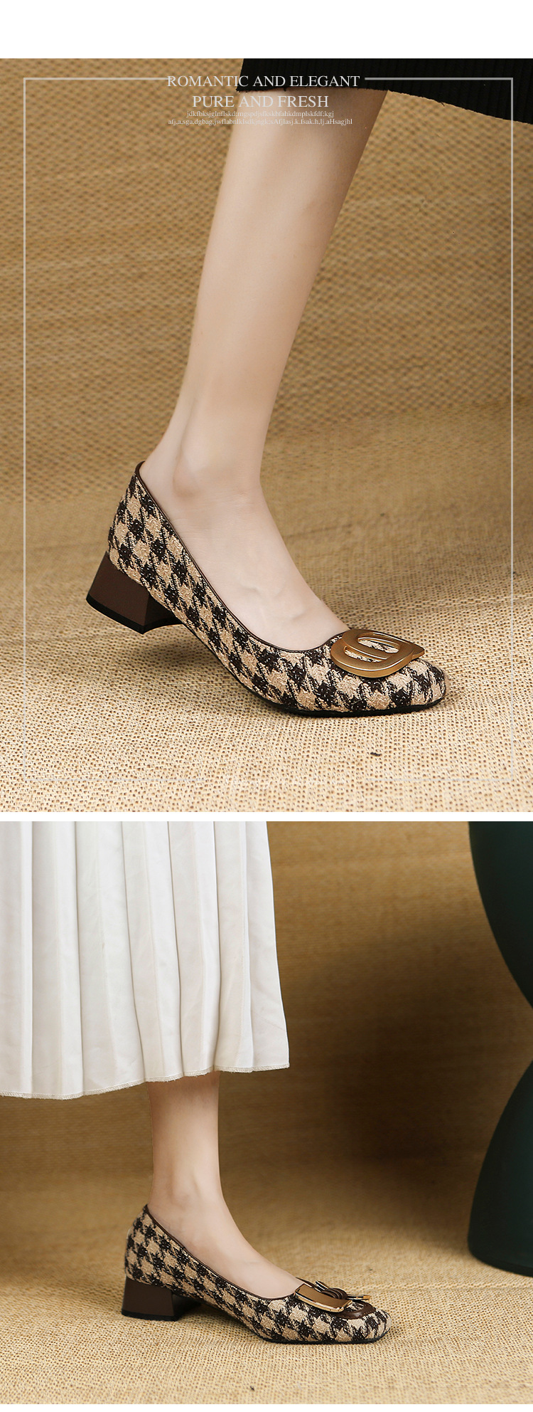 Houndstooth Square Toe Casual Single Shoes Women Summer New Metal Chain Low Heel Shallow Mouth S Soft Bottom Slip On_voghion.com