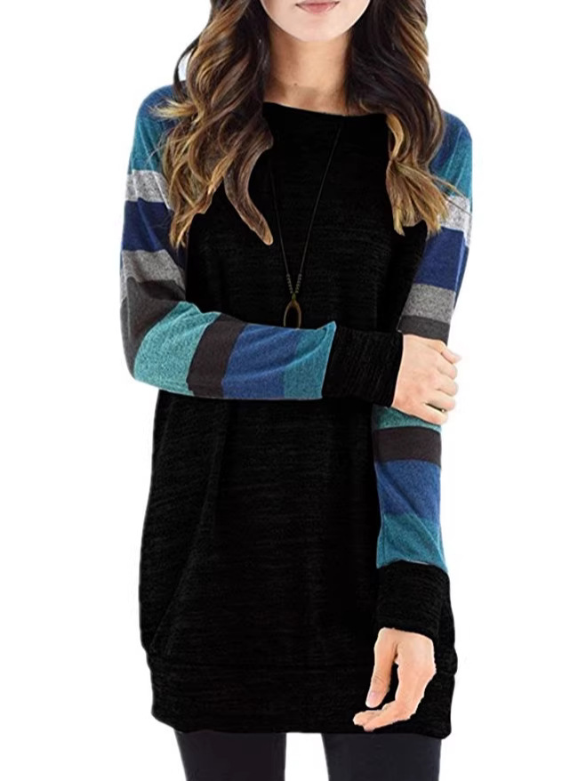 Amazon Cross-Border Best-Selling Plus-Size Spring and Autumn Women's Round-Neck T-Shirt, Loose Striped Print Raglan Sleeve Casual Sweatshirt