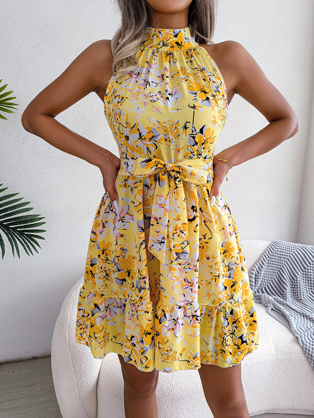 Casual Ditsy Floral High Neck Sleeveless Belt Polyester Chiffon Above Knee A-line Skirt display picture 4