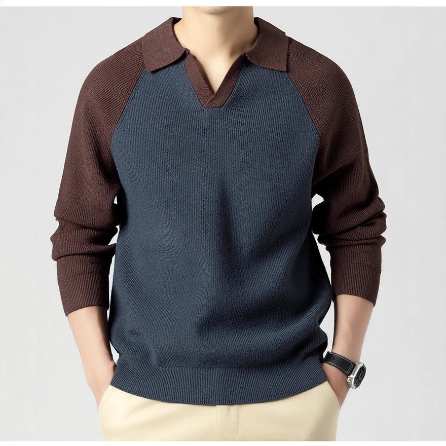 Primavera y otoño de hombre cuello polo con media cremallera suéter camiseta de punto Casual chaqueta de color contraste con solapa camiseta de punto de hombre