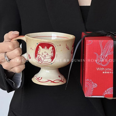 新年プレゼント龍年イラスト福気龍かわいい陶磁器カップ高足カップ手作り粗陶カップコーヒーカップ卸売り