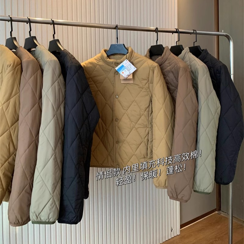 疊穿！島國單秋冬保暖復古山系絎縫菱格百搭外套情侶棉衣夾克棉服