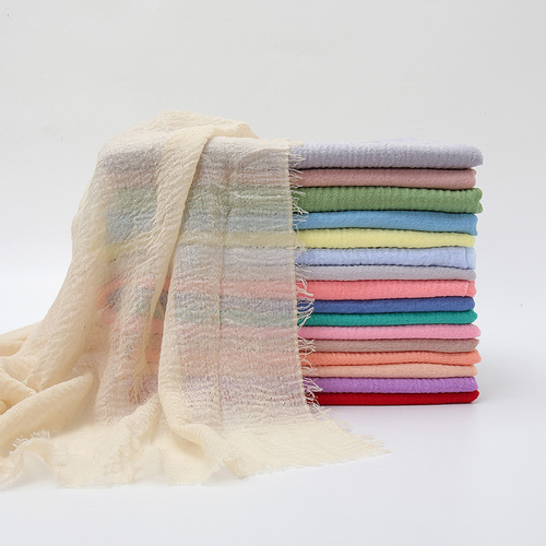 Best-selling pleated single-color cotton headscarf, simple cotton-linen pressed-pleated fringed edge women's gauze scarf versatile scarf factory source