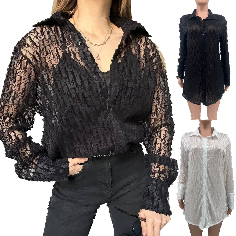 Y71520 European and American Women Cross-border Sexy Mesh See-through High Quality Fabric Women Shirt 2 Color in stock
