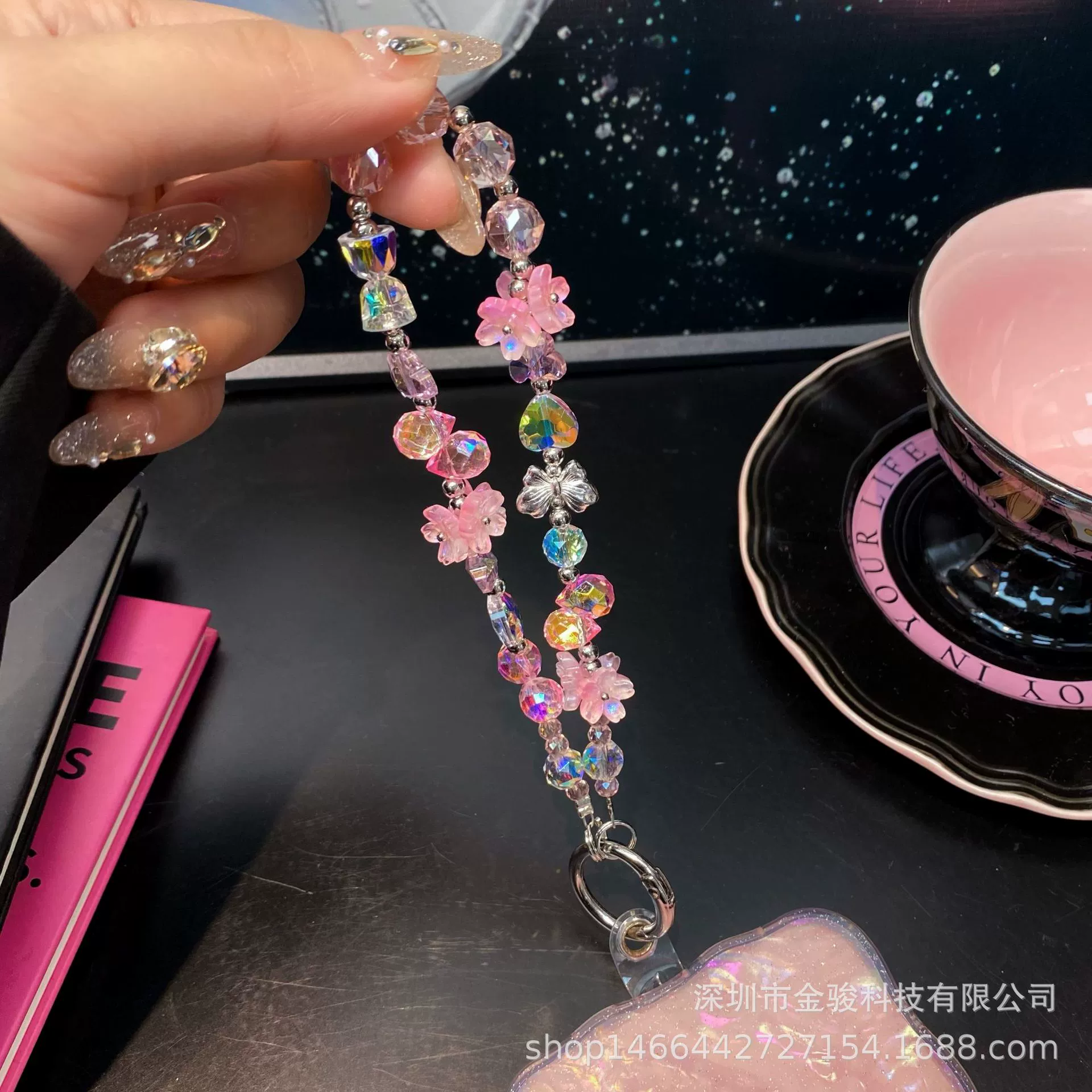 Three dimensional mobile phone, phone case, chain, crystal bracelet, flowered