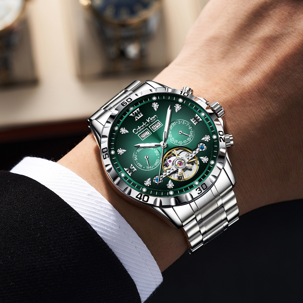 Nuevo chatter en vivo explosión real reloj de hombre turbón reloj mecánico multifuncional esfera impermeable reloj de hombre