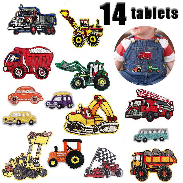 棉色卡通小挖机刺绣布贴工程车补丁贴刺绣标小赛车童装绣花章仔标
