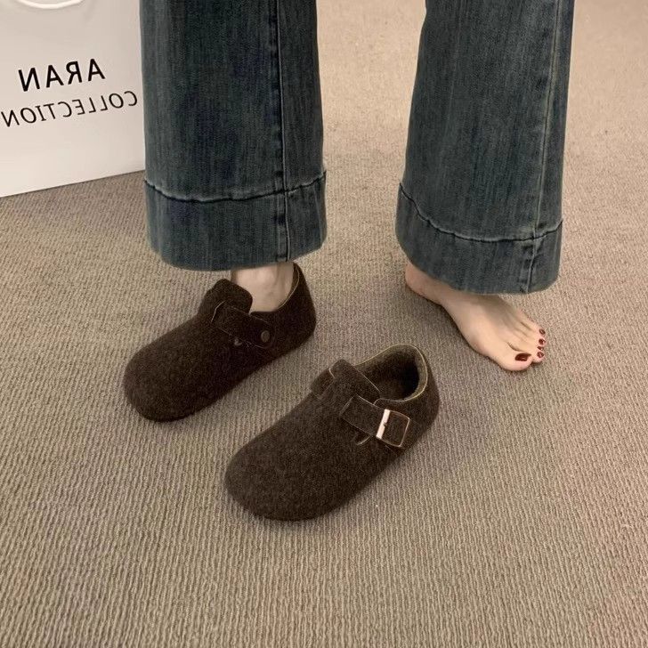 复古圆头毛毡加绒勃肯鞋女加绒秋冬季一脚蹬保暖棉瓢鞋毛呢乐福鞋|undefined
