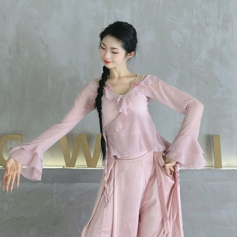 Classical Dance Practice Clothes, Summer Butterfly Gauze Clothes, Fairy-Like Dance Clothes, Ruffled Bell Sleeves, Chiffon Shirts, Modern Dance