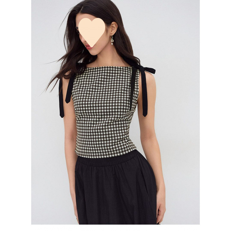 Sleeveless Top for Women, French Jacquard Boat Neck, Bowknot Plaid Sleeveless Vest, 2026 Summer Slim Fit Top Sleeveless Top for Women, French Jacquard Boat Neck, Bowknot Plaid Sleeveless Vest, 2026 Summer Slim Fit Top