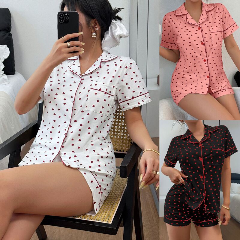 European and American Cross-Border Cotton Heart Print Women's Pajamas Cardigan Lapel Casual Fashion Short-Sleeved Shorts Home Wear Set