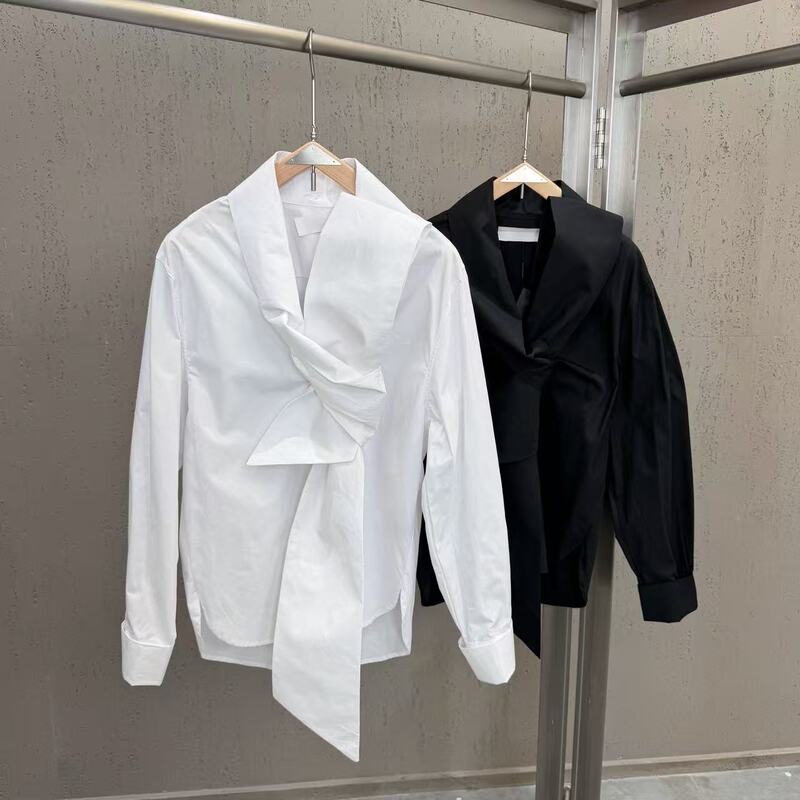 2026 New Korean-Style Loose-Fitting White Women's Top with Long Ribbon Bow Tie Shirt, Chic Office Style