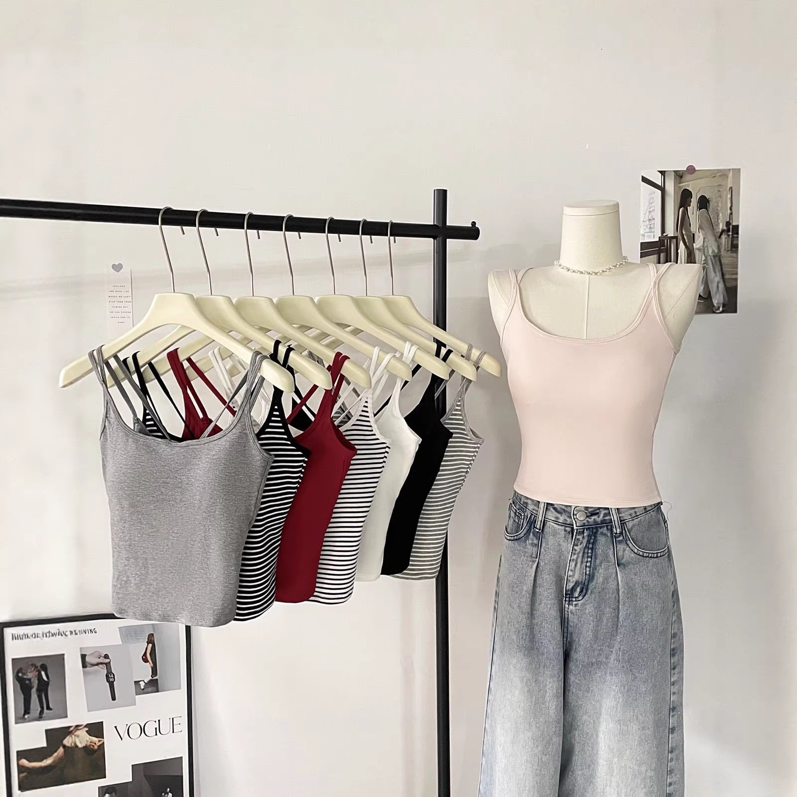 Poetic Charm: Hollow-Out Cross-Back Strap Tank Top, Slim Fit, Flattering, with Chest Pads, Striped Camisole
