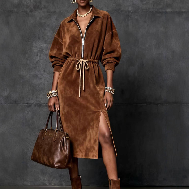 2025 European and American Cross-Border Autumn and Winter New Deerskin Velvet Fashion High Collar Long Sleeve Zipper Belt Women's Dress 2025 European and American Cross-Border Autumn and Winter New Deerskin Velvet Fashion High Collar Long Sleeve Zipper Belt Women's Dress