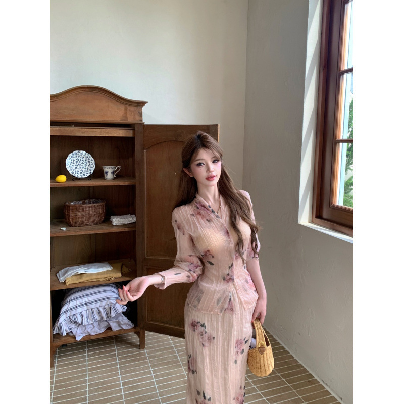 Xindaka Rose Whisper Pink French Print Shirt Women's Spring/Summer Thin Crinkled Texture Skirt Set