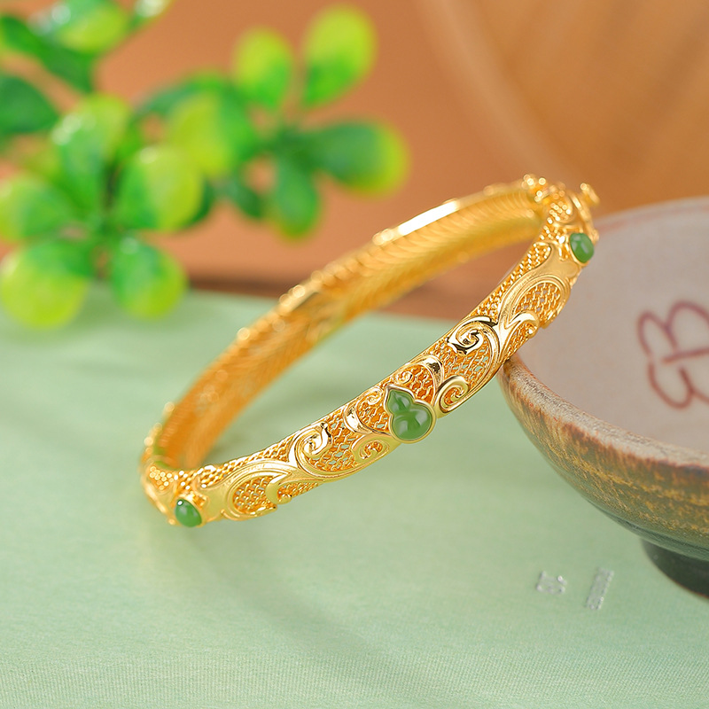 Vòng tay bạc S925 mạ vàng đính ngọc bích phong cách cổ điển họa tiết phúc lộc — Kiểu mạ tách màu