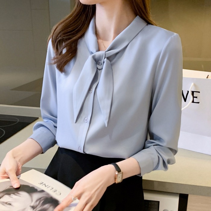 Bow White Shirt Women's Long-Sleeved Spring & Fall Satin Professional Formal Work Clothes Top with Niche Design